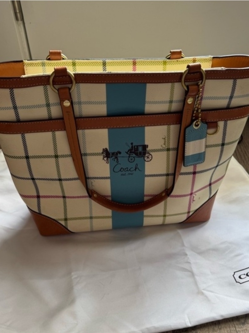 Coach EUC!  Heritage Tattersall Gallery Tote In Plaid with Dustbag